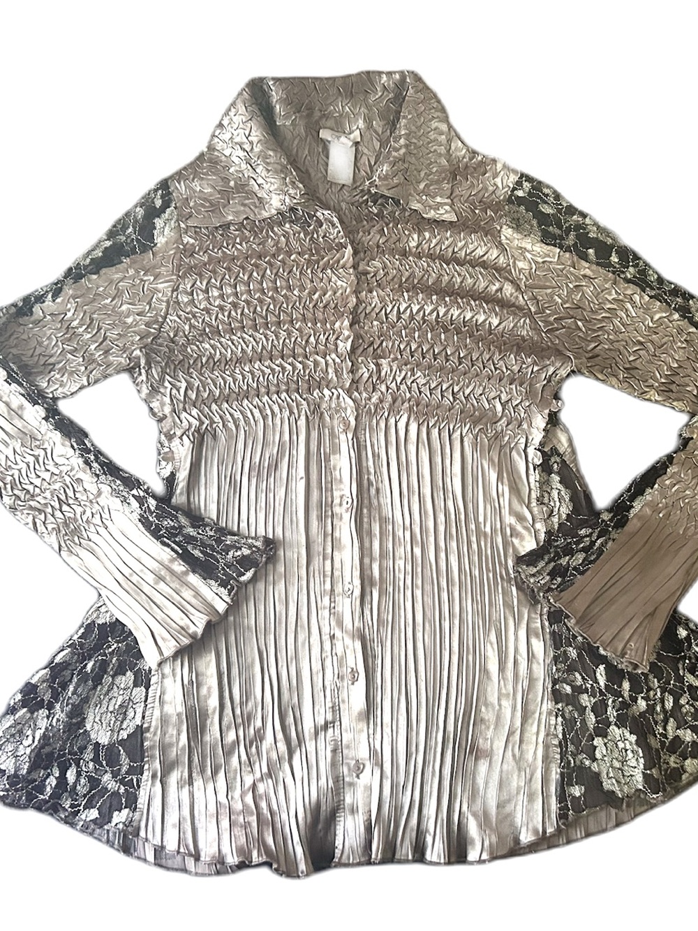 Y2K-style metallic gray smocked pleated button-front shirt